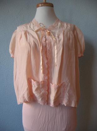 another view, 30s 40s peach pink silk top for matching rayon nightgown