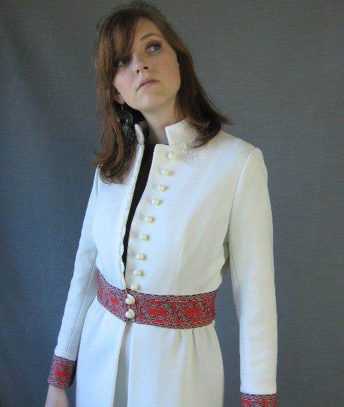 60s Mod Dress & Coat Set Women’s Vintage Nehru Collar Paisley Trim