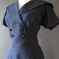 bodice closeup, wide sailor style collar wrap front button detail
