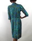 back view, 50s blue & green sheath dress unpinned