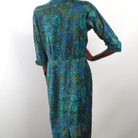 back view, 50s blue & green sheath dress unpinned