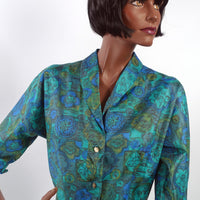 another view, bodice 50s vintage sheath in blue and green print