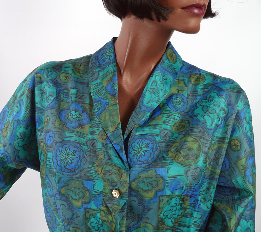 close up, 50s sheath dress blue green floral abstract print