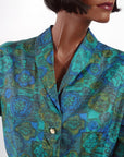 close up, 50s sheath dress blue green floral abstract print