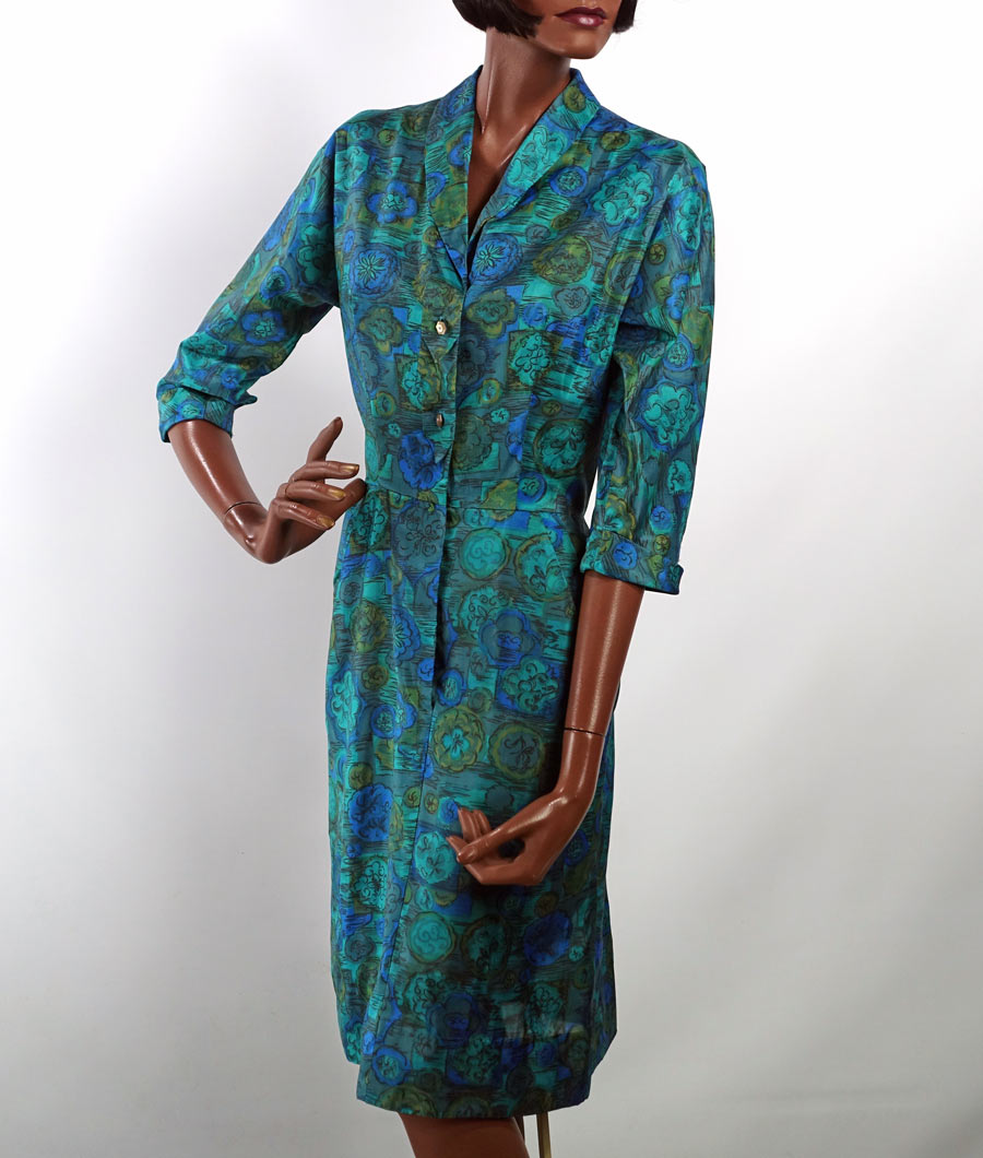 50s Fitted Sheath Dress Vintage Silky Blue Green Print Medium to Large VFG McArthur Mags Rags