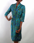 vintage 50s blue green print women's sheath dress