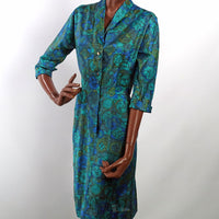 vintage 50s blue green print women's sheath dress