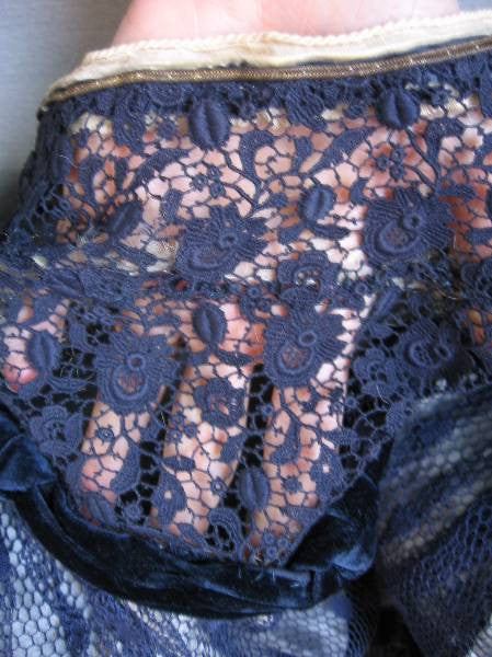 close up detail, navy blue lace and velvet used for Edwardian top