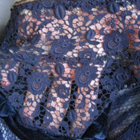 close up detail, navy blue lace and velvet used for Edwardian top