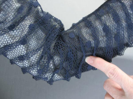 close up detail showing an area where black gossamer middle fabric layer bunched together