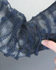 close up detail showing an area where black gossamer middle fabric layer bunched together