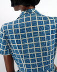 back view of bodice showing geometric brushstroke print in dark turquoise and white