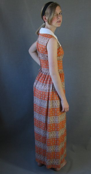 side view, sleeveless paisley stripe 70s maxi dress