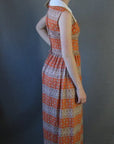 side view, sleeveless paisley stripe 70s maxi dress