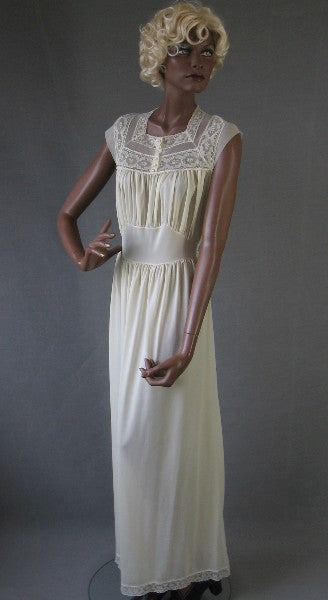 vintage nylonlong night gown with cinderella waist and lace trim