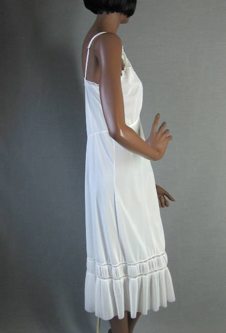 side view, white lacy vintage nylon slip, plus size