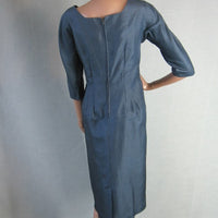 back view, 5os 60s silk fitted cocktail dress