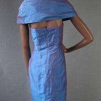 back view, 80s cocktail dress with capelet attached to strapless bodice