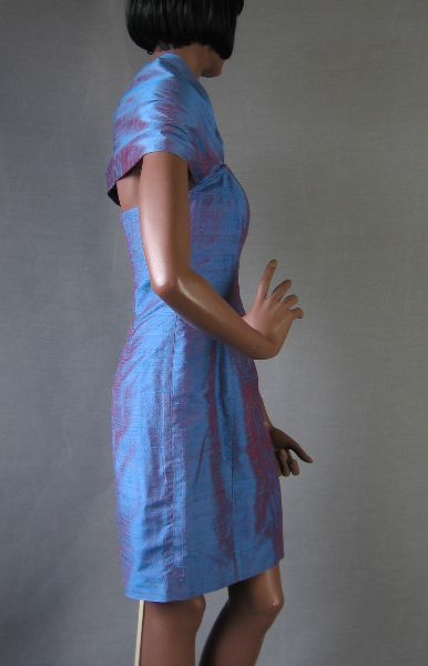 side view, 80s designer strapless minidress with capelet