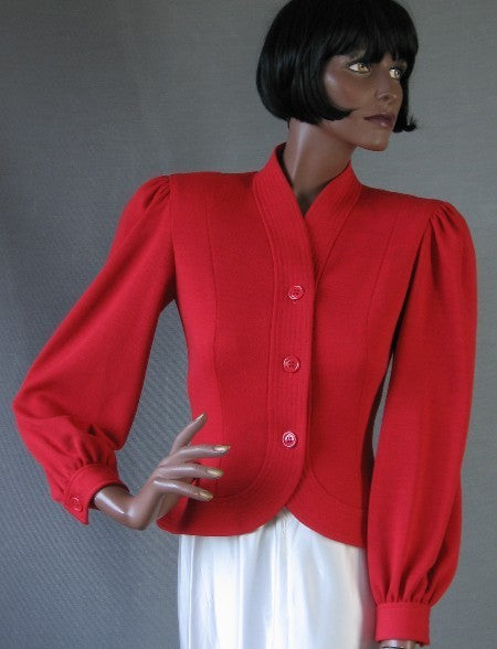 1970s red nip waist jacket, 40s inspired skirt suit 