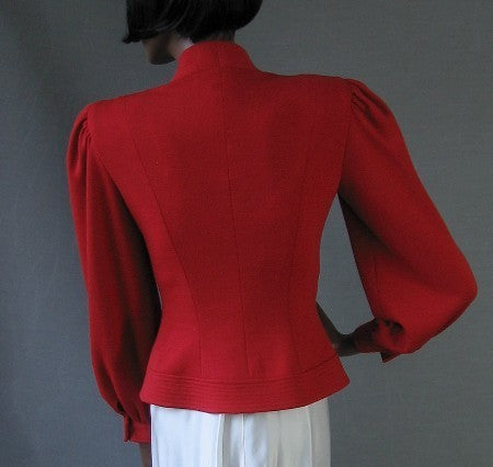 back view, red fit and flare jacket with puffed shoulders and full sleeves