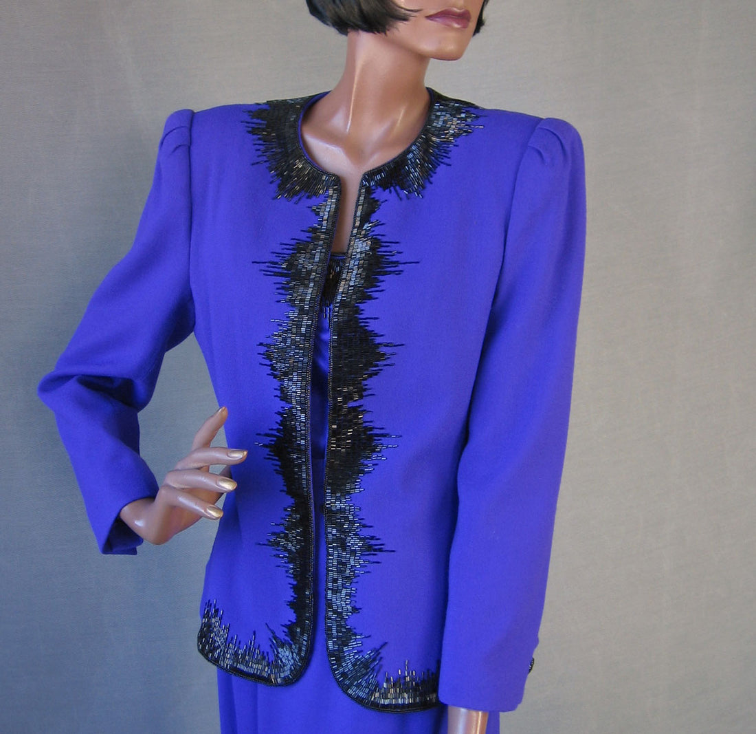 Women's 80s Skirt Suit Outfit Vintage Purple with Black Beading Small to Medium VFG Nolan Miller