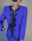 Women's 80s Skirt Suit Outfit Vintage Purple with Black Beading Small to Medium VFG Nolan Miller