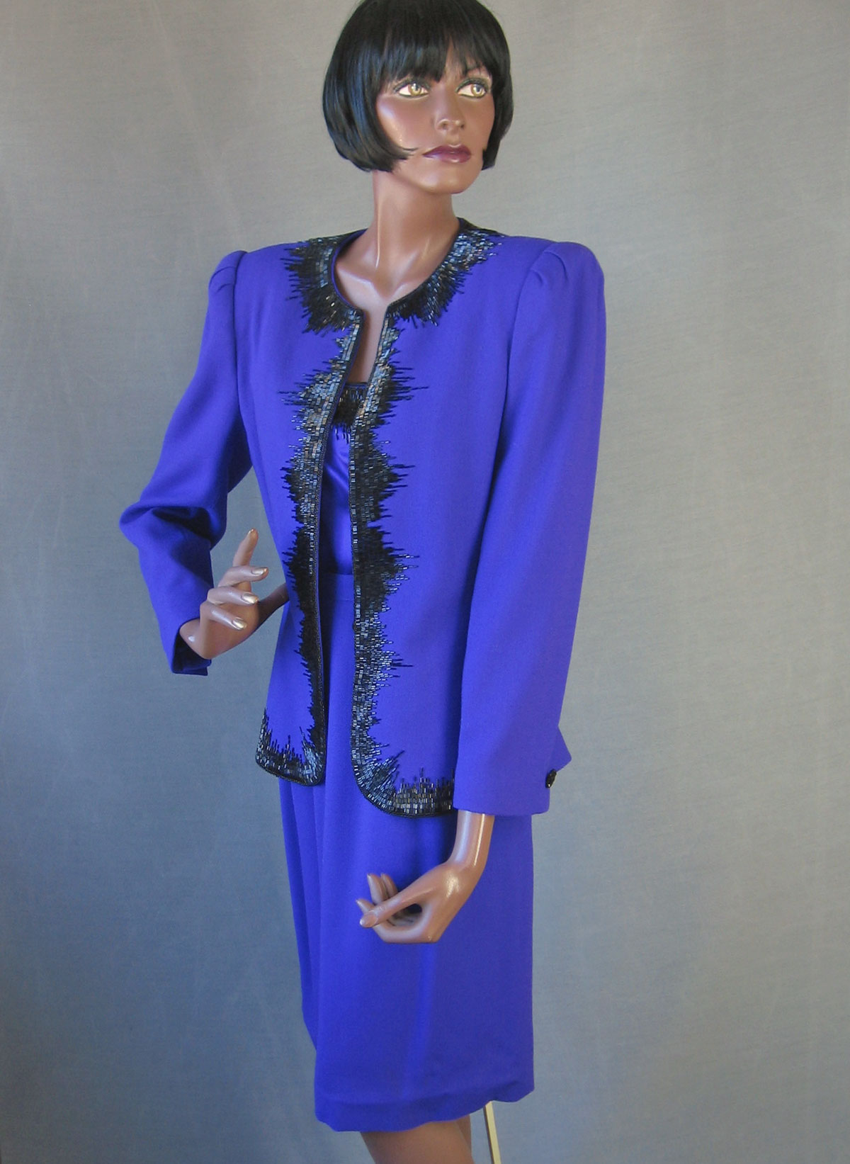 Women&#39;s 80s Skirt Suit Outfit Vintage Purple with Black Beading Small to Medium VFG Nolan Miller