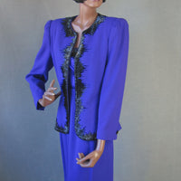 Women's 80s Skirt Suit Outfit Vintage Purple with Black Beading Small to Medium VFG Nolan Miller