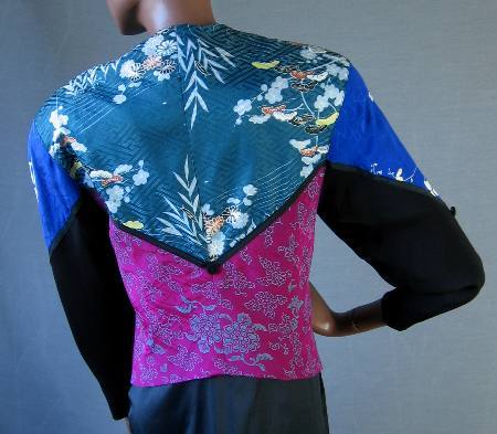 back view, colorful fabric patterning tux style jacket