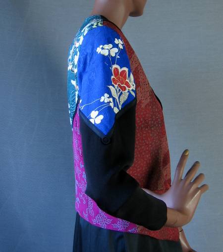 side view of cropped 80s jacket, pieced prints 