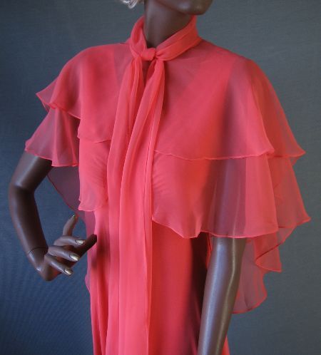 close up, chiffon layered cape over 30s style dress