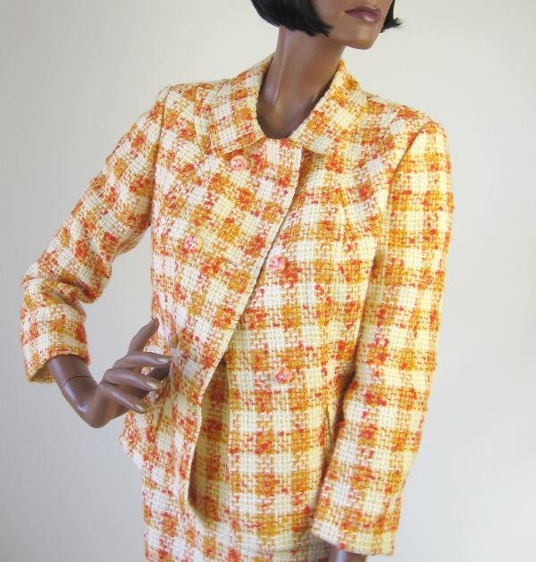 orange plaid double breasted suit jacket, open