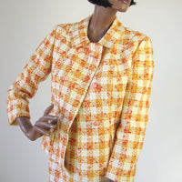 orange plaid double breasted suit jacket, open