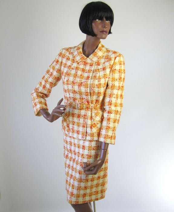 another view, oroange and cream plaid belted suit jacket and skirt