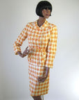 another view, oroange and cream plaid belted suit jacket and skirt