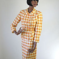 another view, oroange and cream plaid belted suit jacket and skirt