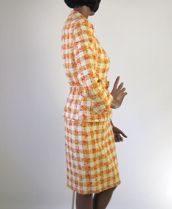 side view, 60s orange plaid skirt suit with belted jacket