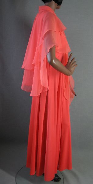 side view, 70s sexy long dress with chiffon cape