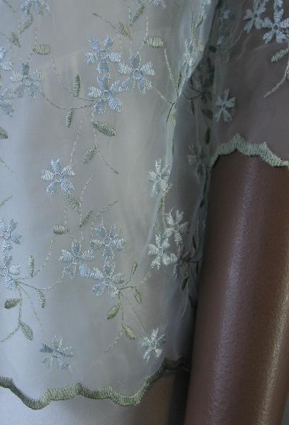 close up detail, glossy pale blue and green eyelet embroidery covering sheer organza of jacket topper