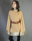 1960s vintage camel tan wool cape with faux fur trim