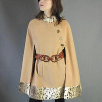 1960s vintage camel tan wool cape with faux fur trim