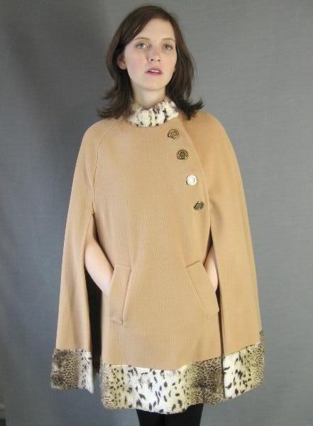 pockets, 60s 70s camel tan cape with faux leaopard trim