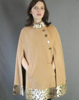 pockets, 60s 70s camel tan cape with faux leaopard trim