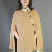 pockets, 60s 70s camel tan cape with faux leaopard trim