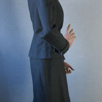 side view, gray wool 1950s skirt suit