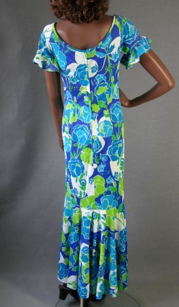 back view, blue and green tropical print long mermaid dress