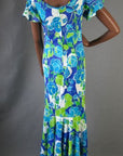 back view, blue and green tropical print long mermaid dress