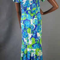back view, blue and green tropical print long mermaid dress