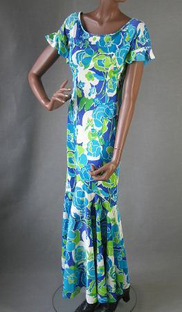 1970s mermaid style Hawaiian print long dress